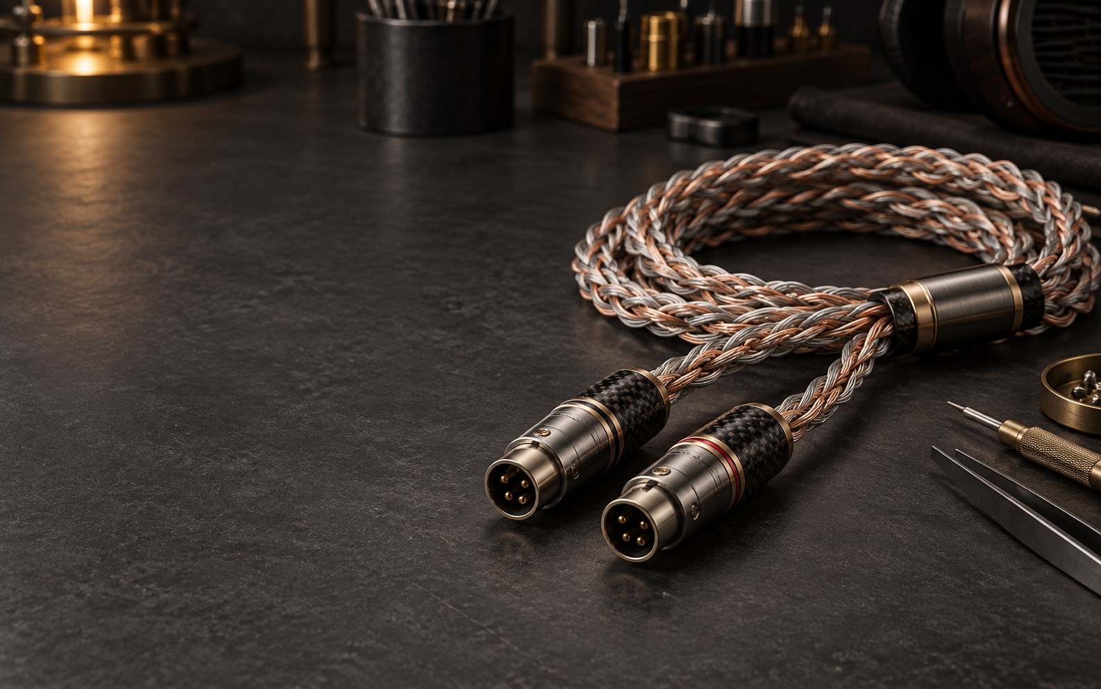 Illustrative braided audio cable and metal connectors, concept visual
